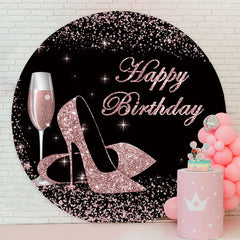 Aperturee - Pink Glitter Heels Round Black Birthday Backdrop