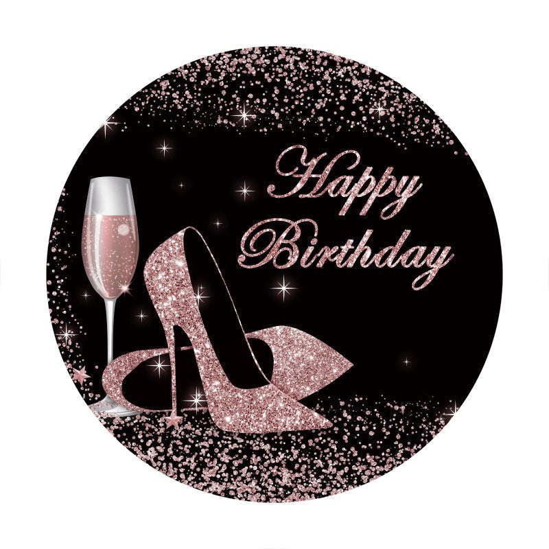 Aperturee - Pink Glitter Heels Round Black Birthday Backdrop