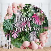 Aperturee - Pink Green Tropical Leaf Happy Birthday Backdrop