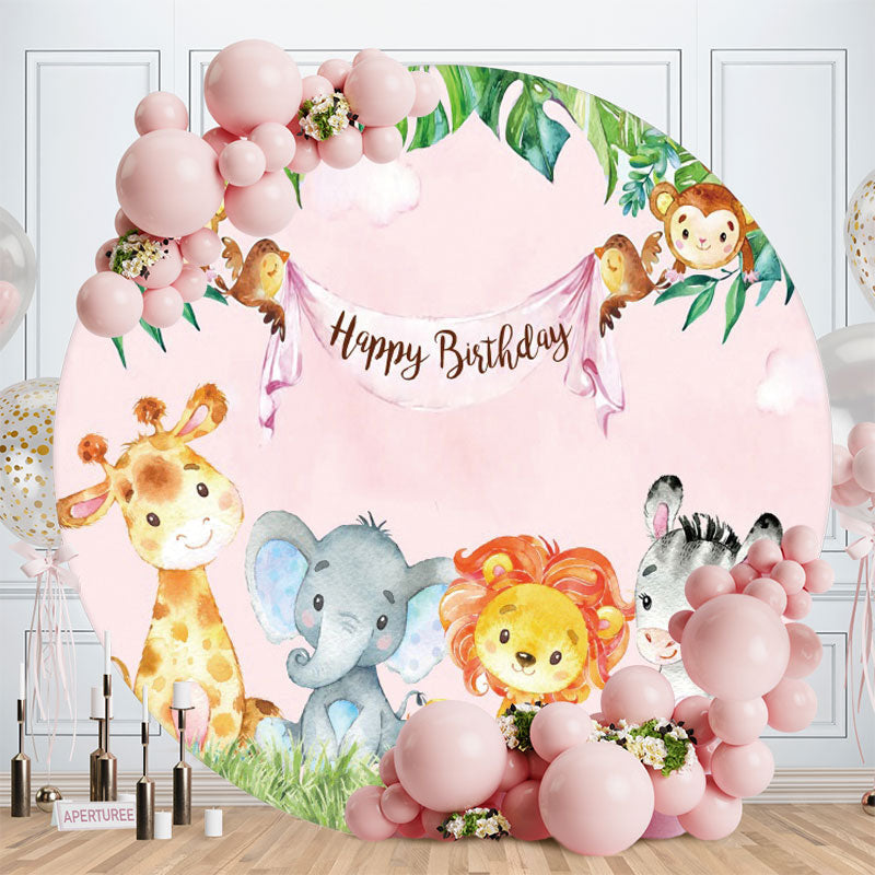 Aperturee - Pink Little Animals Round Birthday Party Backdrop