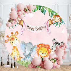 Aperturee - Pink Little Animals Round Birthday Party Backdrop