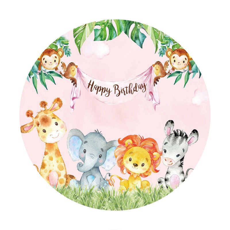 Aperturee - Pink Little Animals Round Birthday Party Backdrop