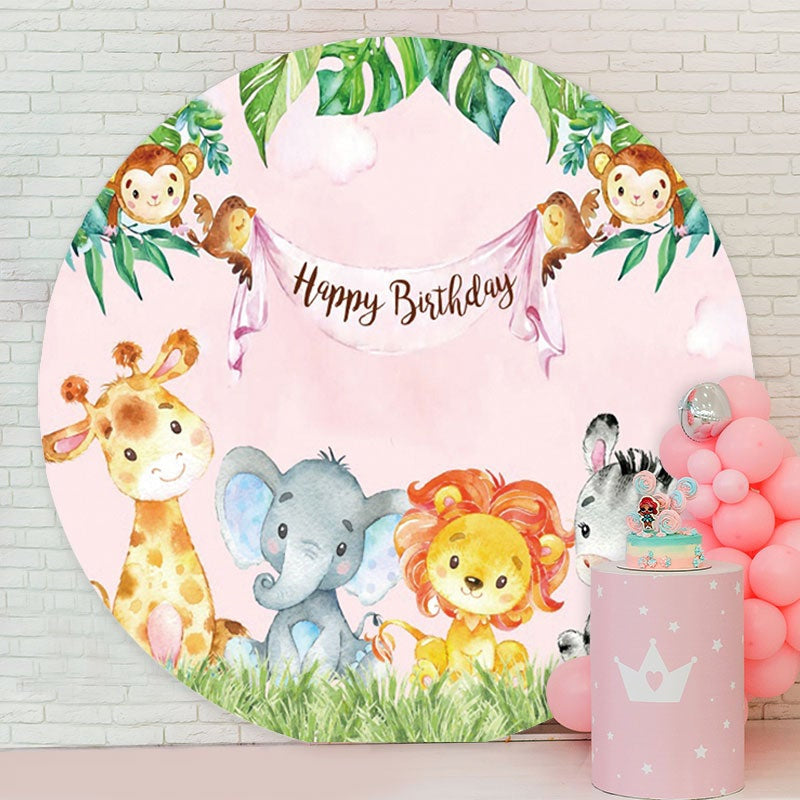 Aperturee - Pink Little Animals Round Birthday Party Backdrop