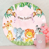 Aperturee - Pink Little Animals Round Birthday Party Backdrop