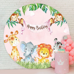 Aperturee - Pink Little Animals Round Birthday Party Backdrop