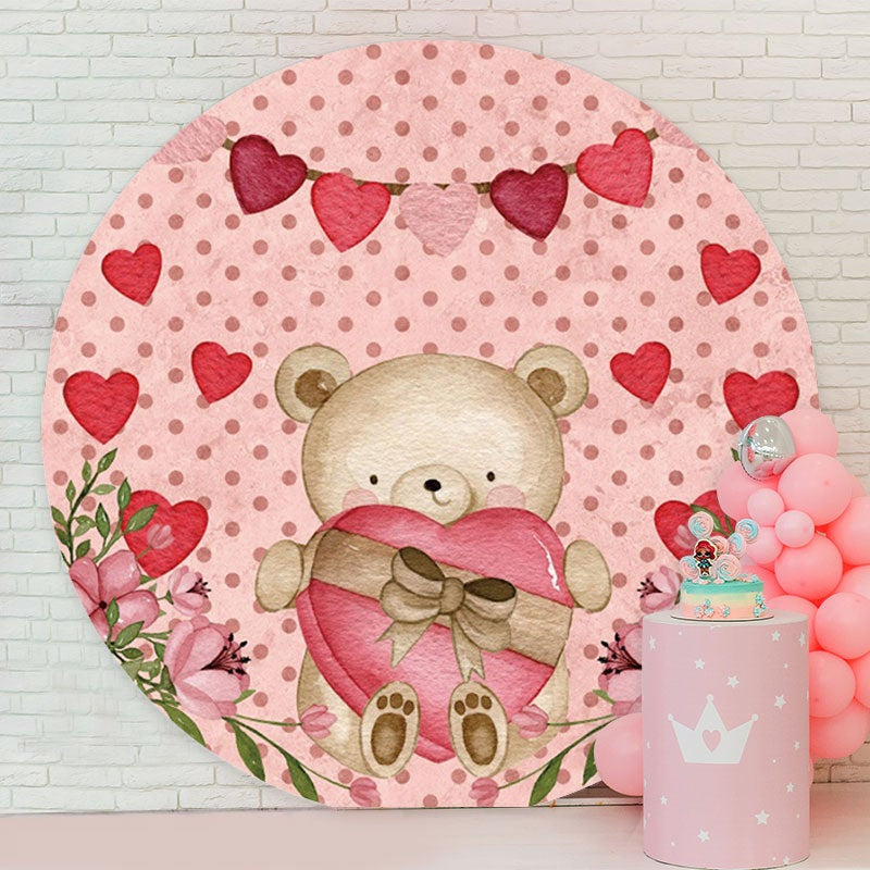 Aperturee - Pink Love Teedy Bear Round Valentines Backdrop