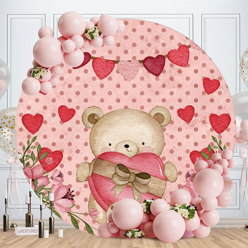 Aperturee - Pink Love Teedy Bear Round Valentines Backdrop