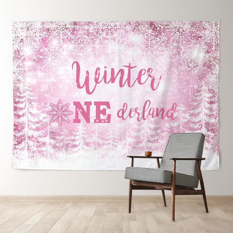 Aperturee - Pink Onederland Snowflake Forest Winter Backdrop