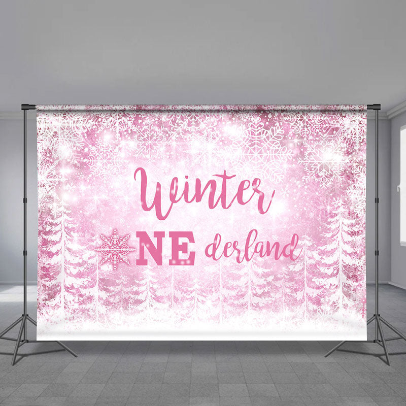 Aperturee - Pink Onederland Snowflake Forest Winter Backdrop