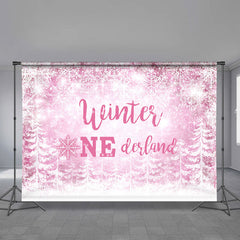 Aperturee - Pink Onederland Snowflake Forest Winter Backdrop