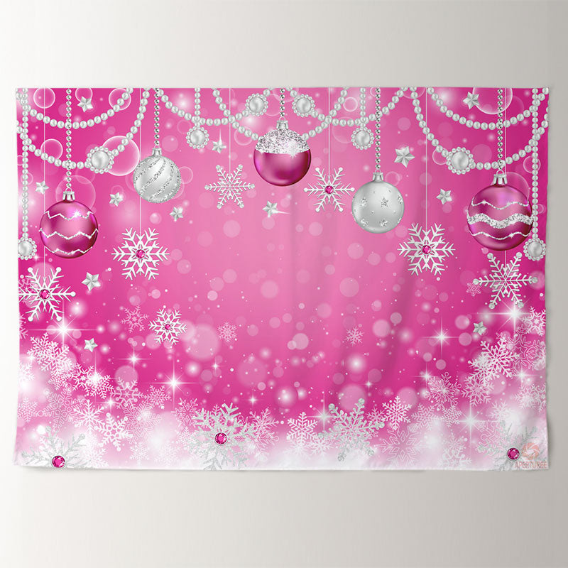 Aperturee - Pink Silver Pearl Balls Snowflake Winter Backdrop
