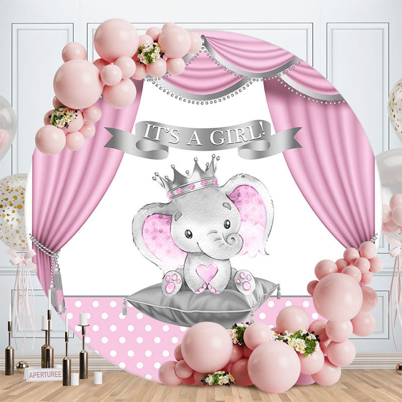 Aperturee - Pink Silver Stage Elephant Baby Shower Backdrop