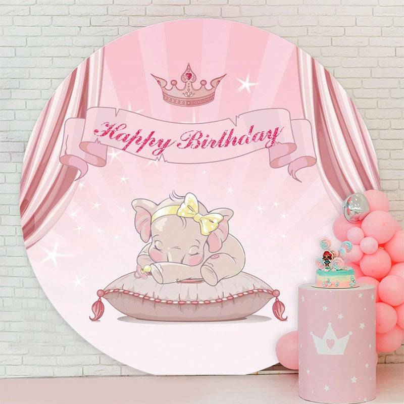 Aperturee - Pink Sleep Elephant Glitter Round Birthday Backdrop