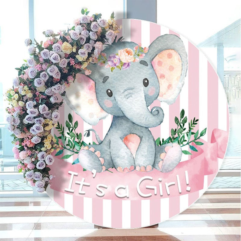 Aperturee - Pink-White Stripe Elephant Circle Baby Shower Backdrop