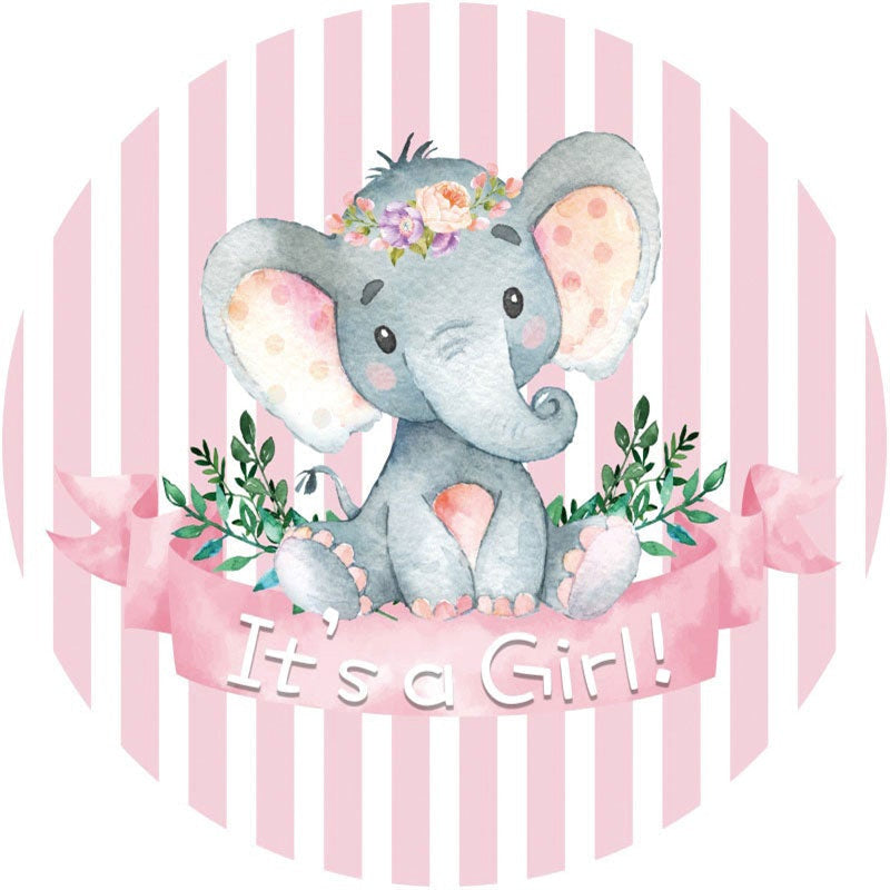 Aperturee - Pink-White Stripe Elephant Circle Baby Shower Backdrop