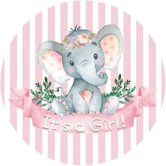 Aperturee - Pink-White Stripe Elephant Circle Baby Shower Backdrop