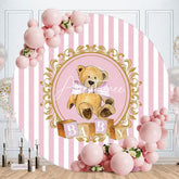 Aperturee - Pink White Stripes Round Teddy Baby Shower Backdrop