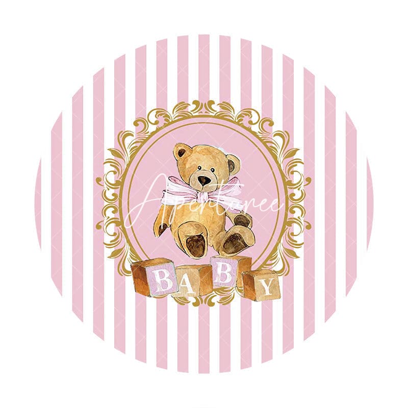 Aperturee - Pink White Stripes Round Teddy Baby Shower Backdrop