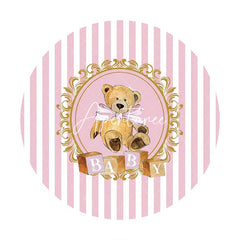 Aperturee - Pink White Stripes Round Teddy Baby Shower Backdrop