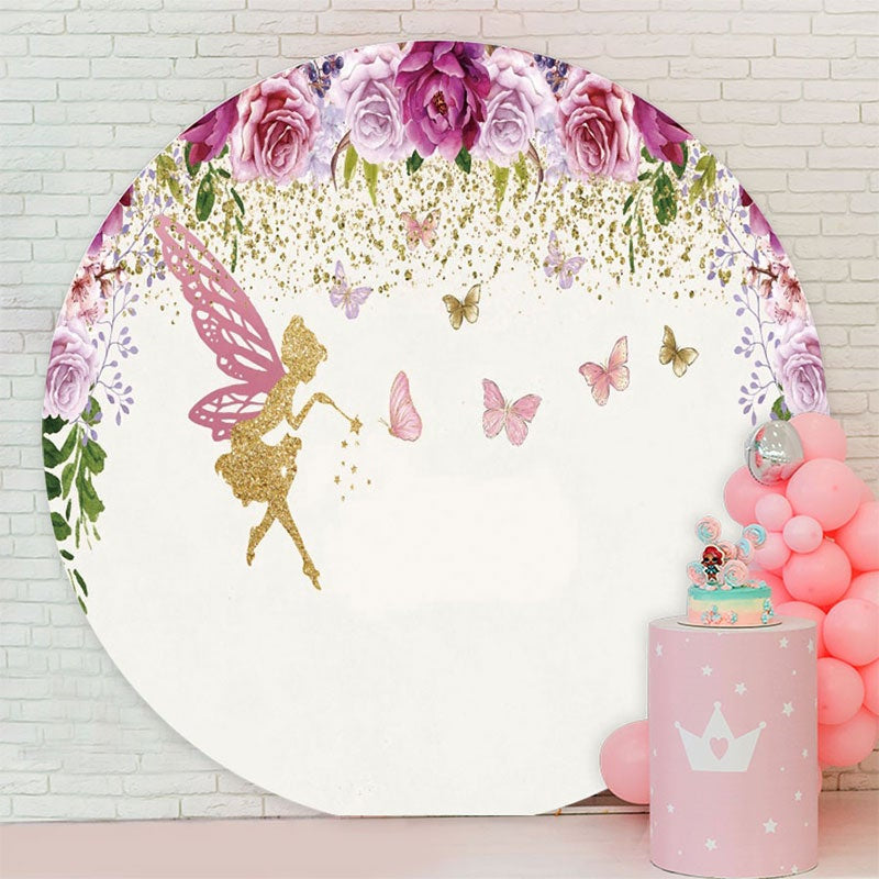 Aperturee - Purple Floral Glitter Fairy Round Birthday Backdrop