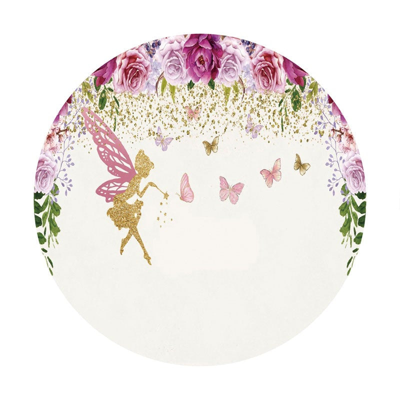 Aperturee - Purple Floral Glitter Fairy Round Birthday Backdrop
