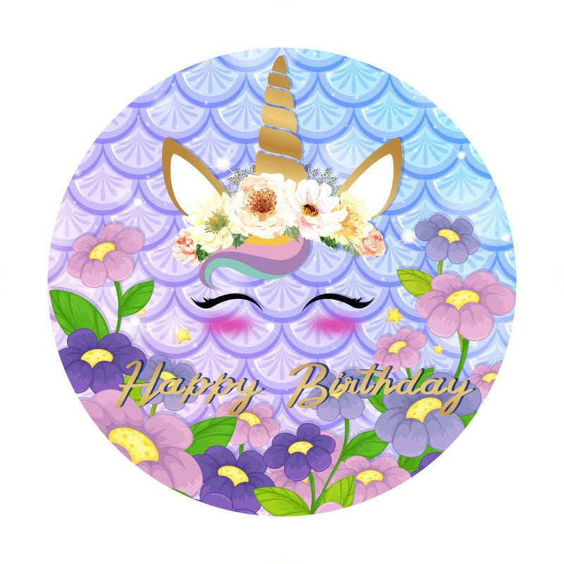 Aperturee - Purple Floral Unicorn Round Birthday Backdrop