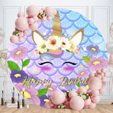Aperturee - Purple Floral Unicorn Round Birthday Backdrop
