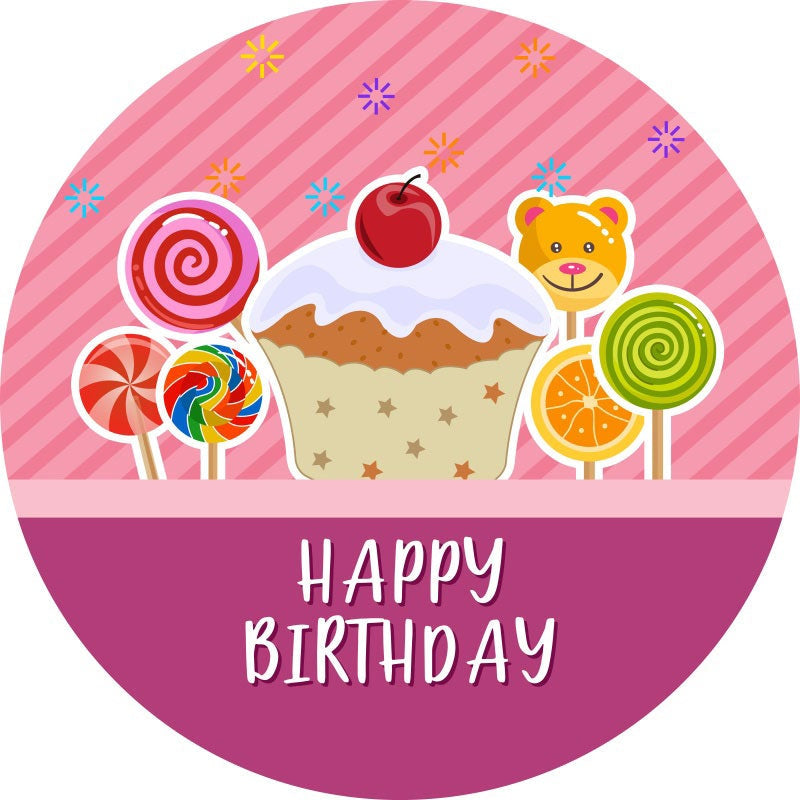 Aperturee - Purple Pink Candy Round Happy Birthday Backdrop
