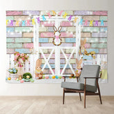 Aperturee - Rabbit Colorful Brick White Fence Easter Backdrop