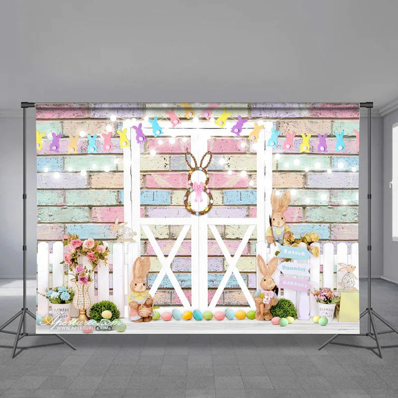 Aperturee - Rabbit Colorful Brick White Fence Easter Backdrop