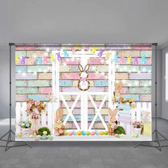 Aperturee - Rabbit Colorful Brick White Fence Easter Backdrop