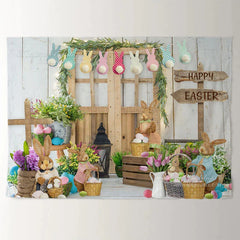 Aperturee - Rabbit Garden Wood Gate Happy Easter Backdrop
