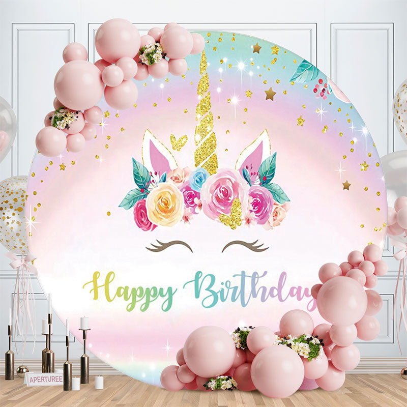 Aperturee - Rainbow Color Unicorn Circle Happy Birthday Backdrop