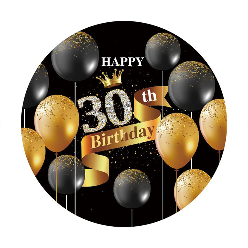Aperturee - Round Black Gold Balloon 30Th Birthday Backdrop