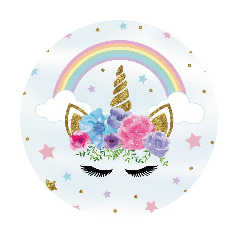 Aperturee - Round Flower Leaves Unicorn Happy Birthday Backdrop
