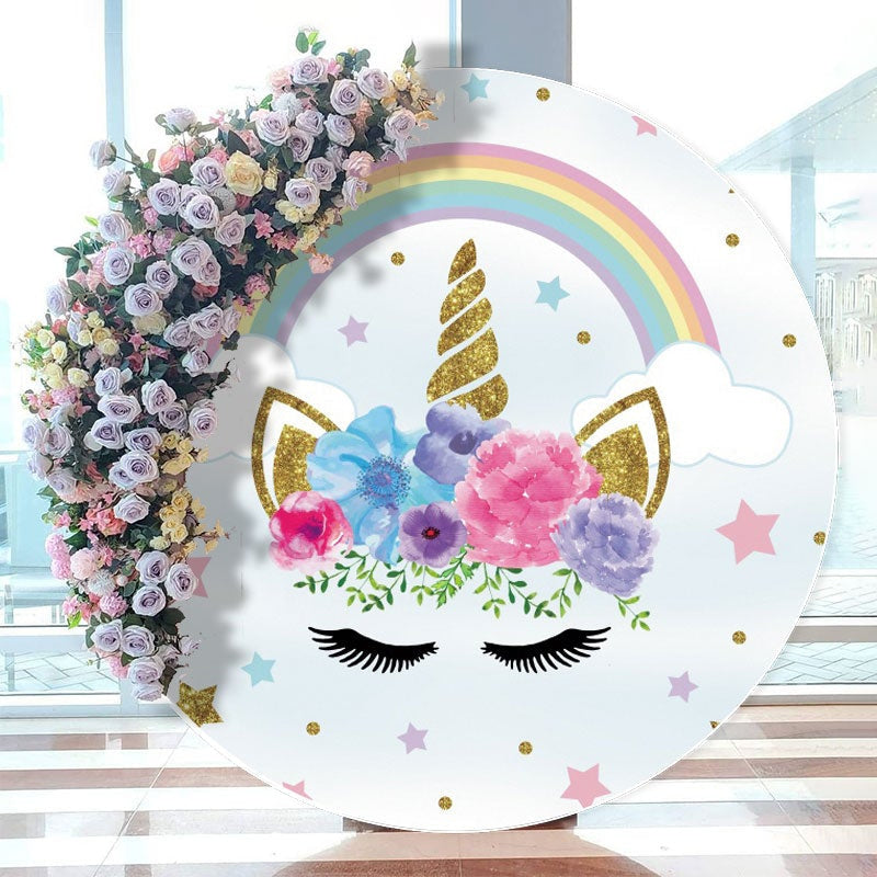 Aperturee - Round Flower Leaves Unicorn Happy Birthday Backdrop