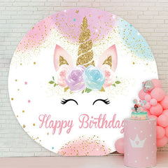 Aperturee - Round Glitter Unicorn Flower Happy Birthday Backdrop