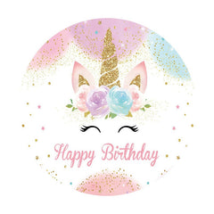 Aperturee - Round Glitter Unicorn Flower Happy Birthday Backdrop