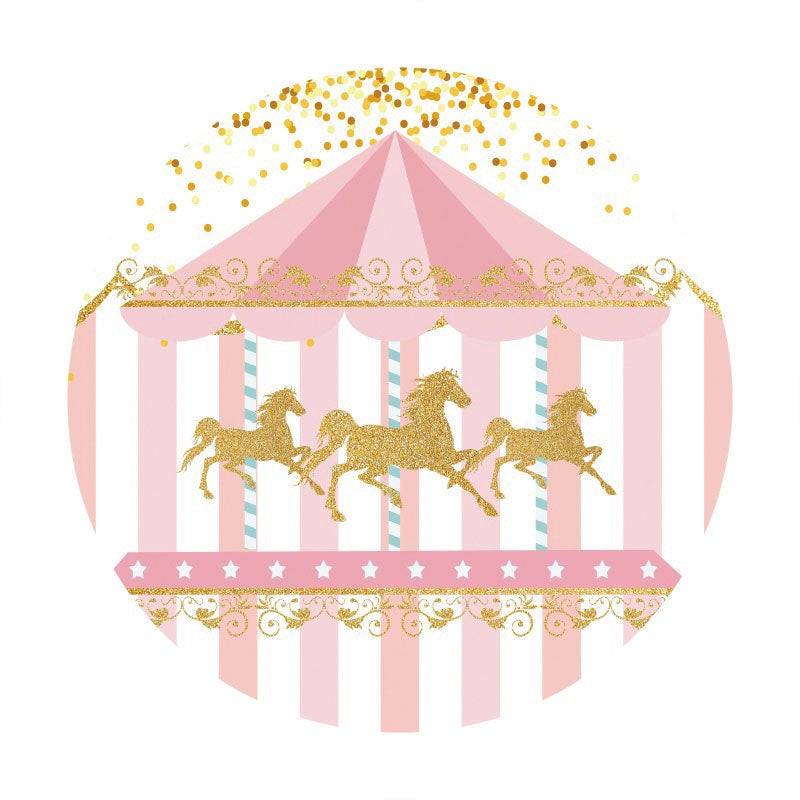 Aperturee - Round Golden Carousel Pink Happy Birthday Backdrop