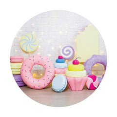 Aperturee - Round Pink Dessert White Wall Happy Birthday Backdrop