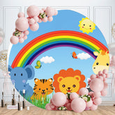Aperturee - Round Rainbow Animal Grassland Happy Birthday Backdrop