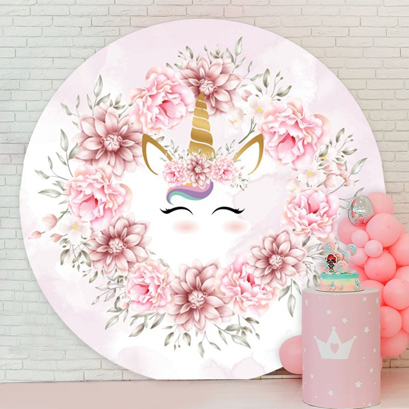 Aperturee - Round Unicorn Flower Happy Birthday Backdrop