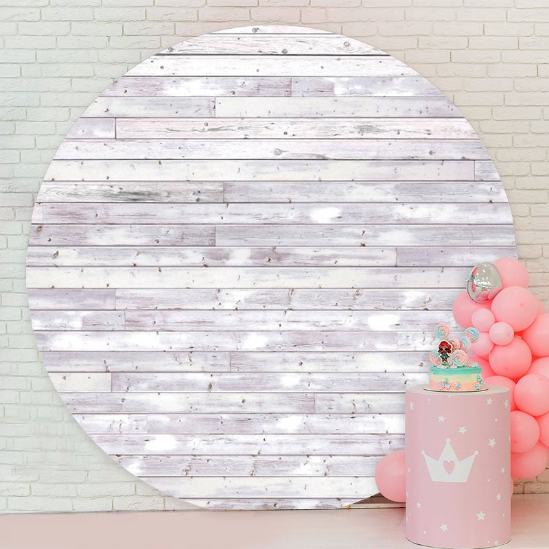 Aperturee - Round White Stripe Wood Happy Birthday Backdrop