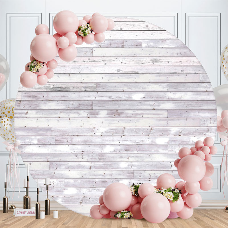 Aperturee - Round White Stripe Wood Happy Birthday Backdrop