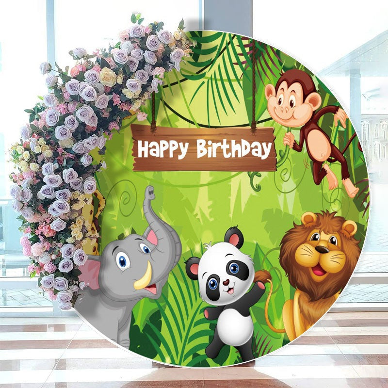 Aperturee - Safari Cartoon Animals Green Happy Birthday Round Backdrops