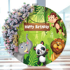 Aperturee - Safari Cartoon Animals Green Happy Birthday Round Backdrops