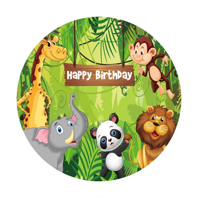 Aperturee - Safari Cartoon Animals Green Happy Birthday Round Backdrops
