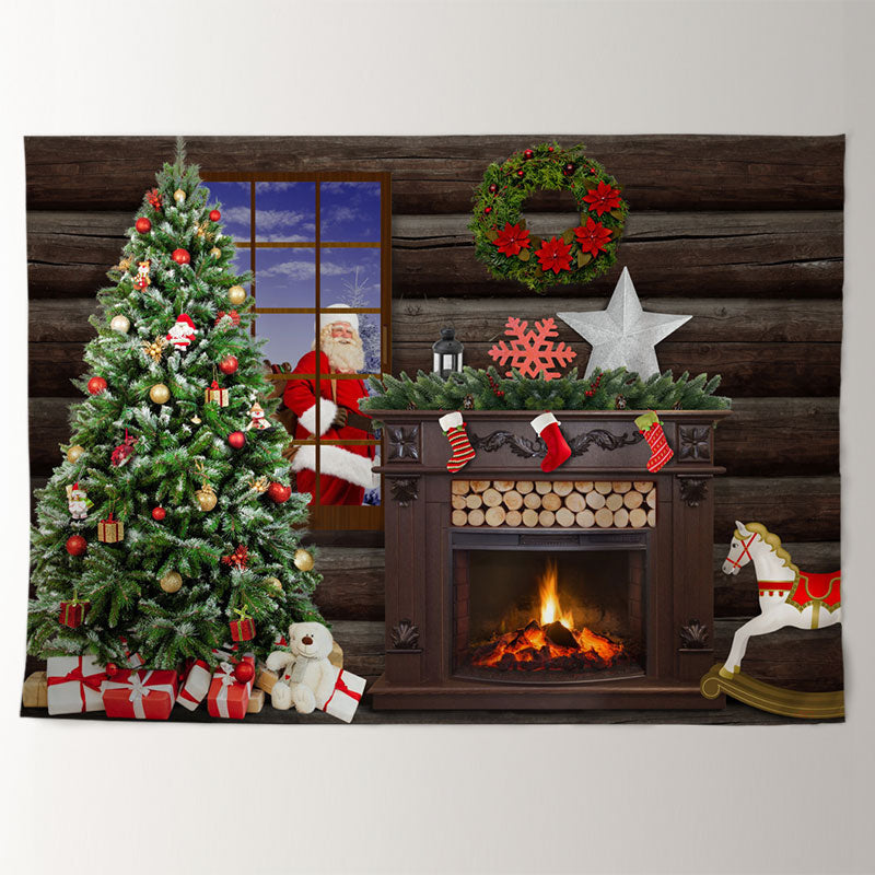 Aperturee - Santa Claus Fireplace Gift Wood Christmas Backdrop