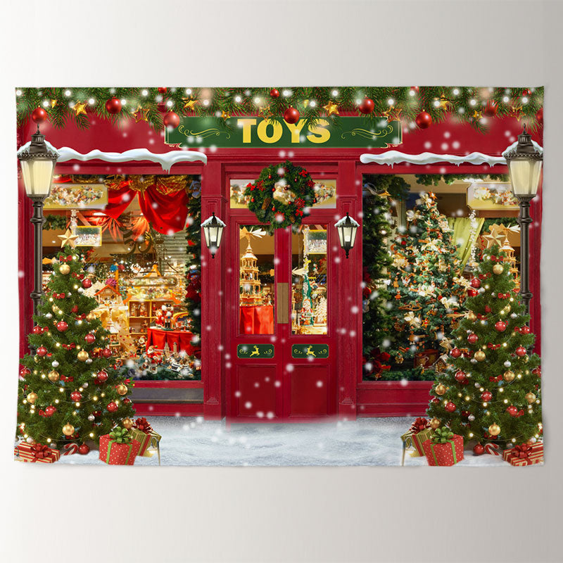 Aperturee - Snowing Light Toys Store Trees Christmas Backdrop