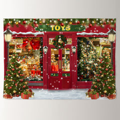 Aperturee - Snowing Light Toys Store Trees Christmas Backdrop